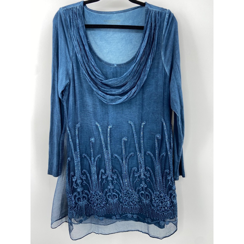 Soft Surroundings Shirt Womens Medium Silk Tunic Cowl Embroidered Boho‎ Sheer
